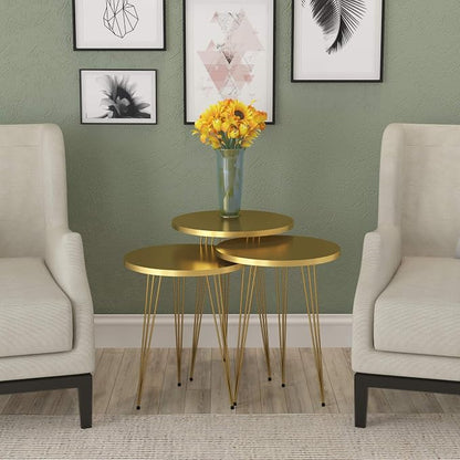 Set of 3 High Gloss Gold Nesting End Tables Round Wood Stacking Coffee Side Accent Table with Metal Legs for Living Room, Home Office, Nightstands for Bedroom