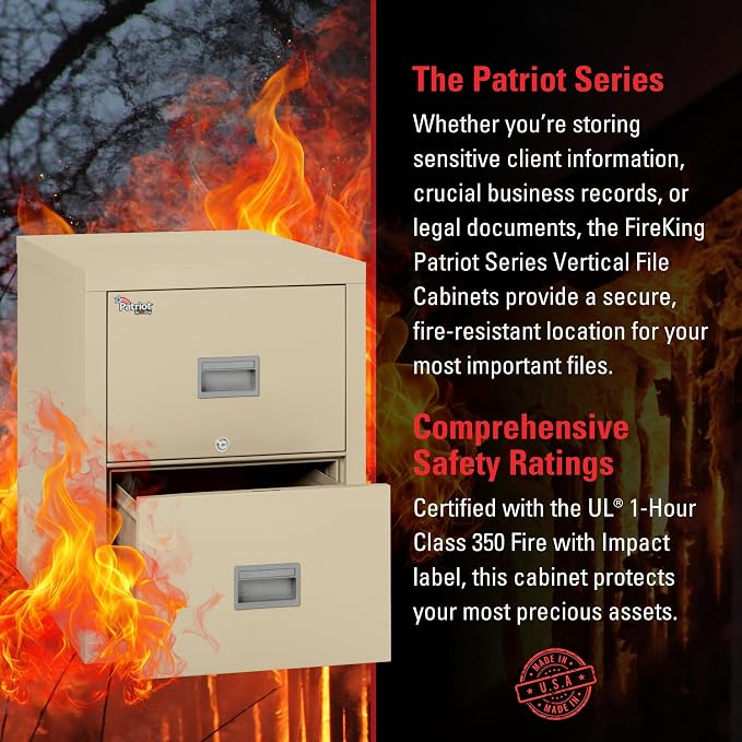 FireKing Patriot Vertical 2 Drawer Legal and Letter Fire Safe File Cabinet with Key Lock, 1 Hour Fire Rated, UL Rated & Water Resistant Home Safe, Made in the USA, Parchment