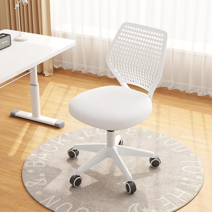 Small Office Chair with Wheels, Armless Desk Chair Height Adjustable Swivel Rolling Task Chair Breathable Mesh Ergonomic Computer Work Chair for Adult, White