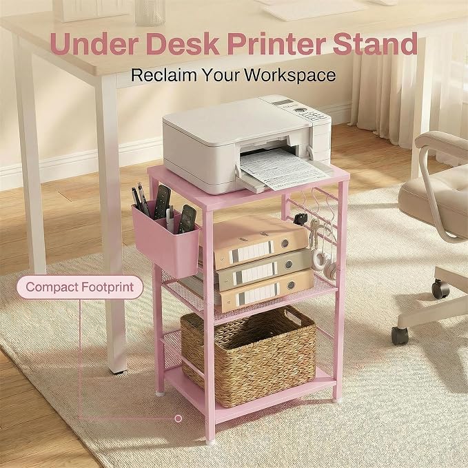 ECOLOVI 3 Tier Printer Stand for Under Desk, Height Adjustable Shelf Small Printer Table with 3 S-Hooks & Basket, Heavy Duty Industrial Storage Shelf for Home Office (Pink Wood)