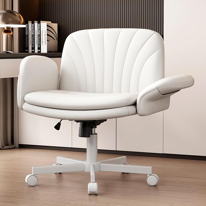 Vonesse Criss Cross Office Chair with Wheels & Armrests, Height Adjustable Vanity Chair, Makeup Chairs with Side Pockets Design, Comfortable Computer Desk Chairs for Home (PU Leather,White)