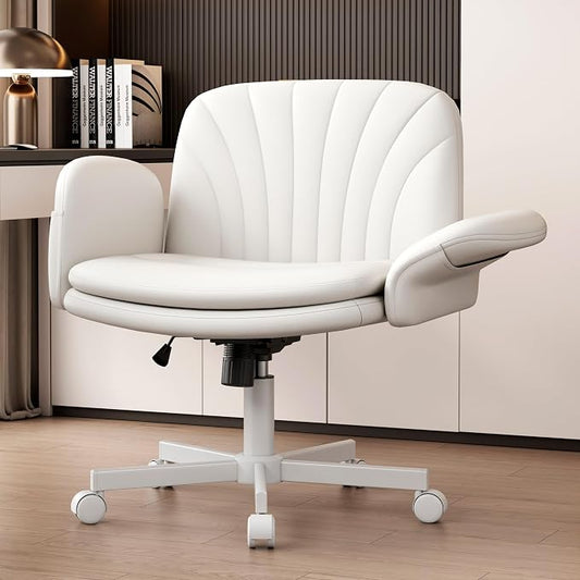 Vonesse Criss Cross Office Chair with Wheels & Armrests, Height Adjustable Vanity Chair, Makeup Chairs with Side Pockets Design, Comfortable Computer Desk Chairs for Home (PU Leather,White)