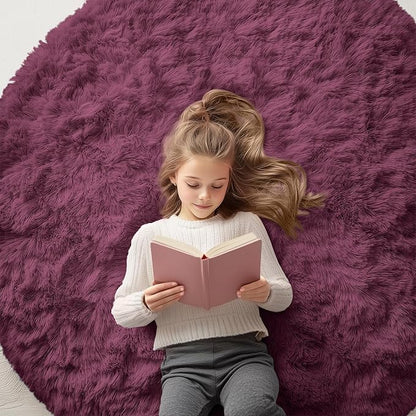 OLANLY Burgundy Round Rugs for Bedroom - Machine Washable, 5 ft Circle Area Rugs for Living Room, Soft and Fluffy Shaggy Carpet for Teen Girls and Boys, Nursery Rooms, Dorms, Home Decor Aesthetic
