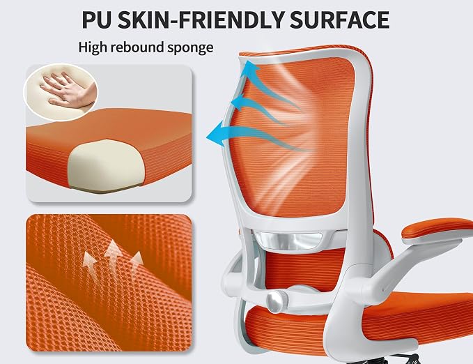 TRALT Ergonomic Office Chair - Desk Chair with Wave High Back Adjustable Lumbar Support Computer Chair - Gaming Chairs Mesh Backrest and PU Leather Seat for Home Reading Chairs to Adults (Orange)