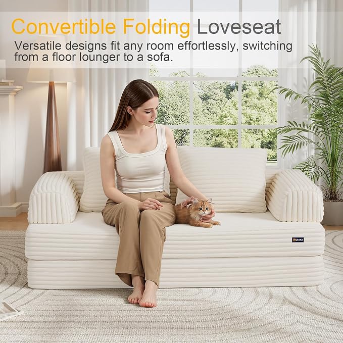 COMAX Convertible Sofa Bed, Folding Floor Couch Corduroy Fold Out Couch Bed Futon Sleeper Mattress with Pillows, Boneless Sofa Comfy Lounge Loveseat for Living Room Bedroom, Plush Beige
