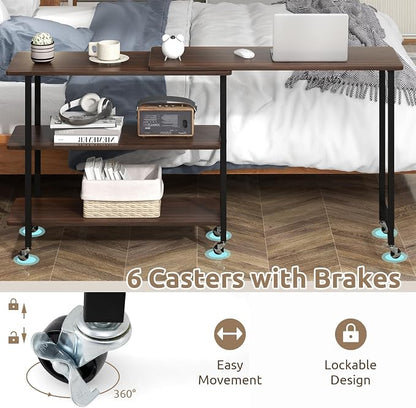Tangkula 360° Rotating Sofa Side Table, Patented Mobile End Table with 2-Tier Storage Shelves, Swivel Rolling Desk with 6 Lockable Wheels, Metal Frame, Movable Laptop Table Couch Snack Table for Home