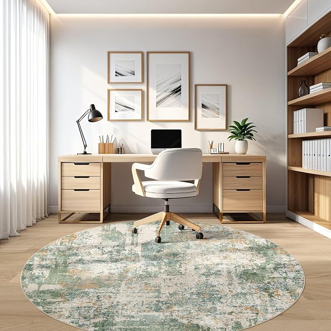 8ft Round Rug Living Room Rugs: 8x8 Washable Circle Large Abstract Modern Soft Stain Resistant Non-Slip Indoor Floor Carpet for Bedroom Nursery Office Dining Room Playroom Home House- Green