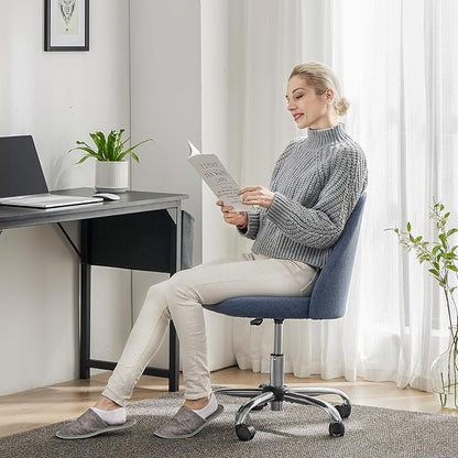 Sweetcrispy Armless Vanity Chair, Cute Comfy Home Office Desk Chair with Wheels, Modern Upholstered Task Computer Seat for Bedroom, Study, Makeup Vanity, Height Adjustable & Swivel, Blue
