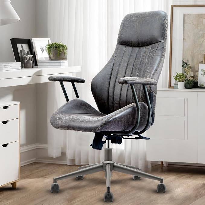 High Back Home Office Chair, Mid Century Vintage Executive Chair,Comfy Ergonomic Rolling Office Task Chair with Lumbar Support,Faux Leather Office Chair,Dark Gray
