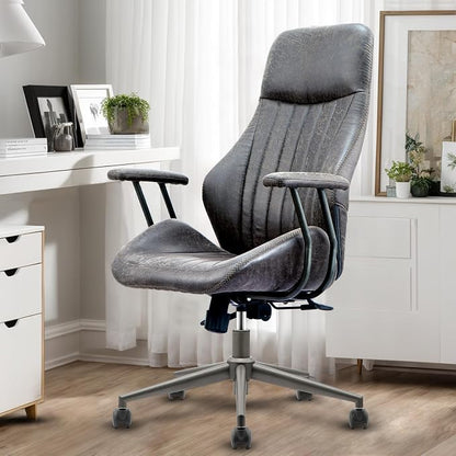 High Back Home Office Chair, Mid Century Vintage Executive Chair,Comfy Ergonomic Rolling Office Task Chair with Lumbar Support,Faux Leather Office Chair,Dark Gray