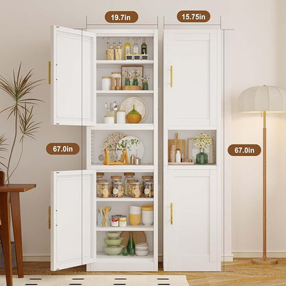 pozdeg 67" Tall Narrow Storage Cabinet Metal Bathroom Cabinet with 2 Doors & 4 Adjustable Shelves, Standing Pantry Cabinets Cupboard for Kitchen, Dining Room, Living Room and Bathroom (White)