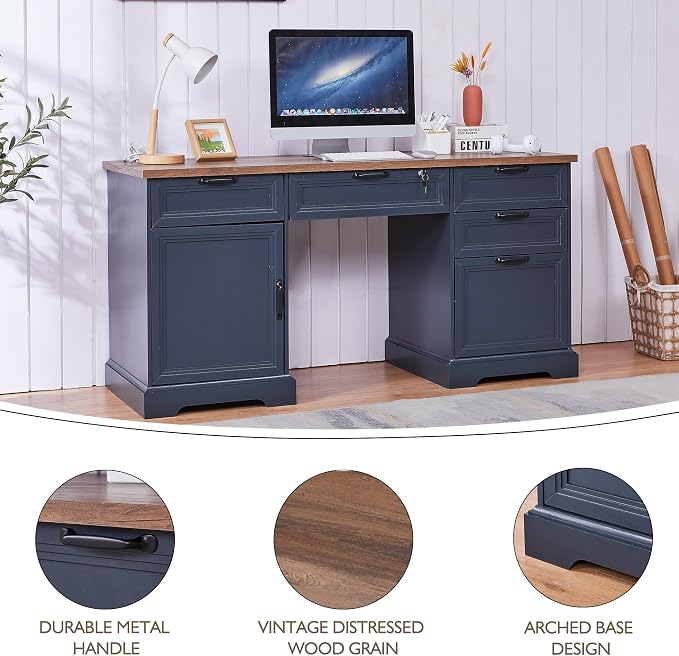 60" Farmhouse Executive Desk with 40" Mobile File Cabinet,L Shaped Desk Set with Charging Station,Office Desk with Storage Drawers,Wood Computer Desk Set for Office Work,Home Study