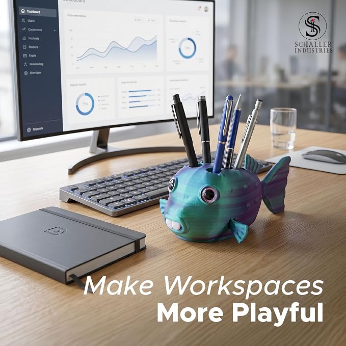 S I Schaller Industries Aesthetic Pen Holder for Desk 16mm Slot Size-Fun Metallic Teal Blow Fish Pencil Holder - Cute Pen Rack Holds 8 Pens, Compatible with Pencil, Marker & Office Supplies