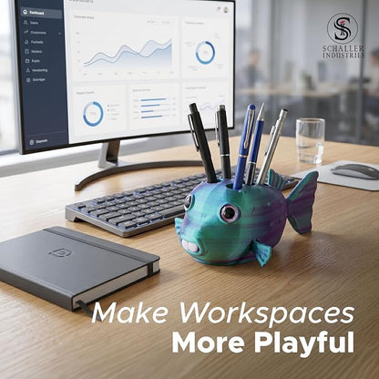 S I Schaller Industries Aesthetic Pen Holder for Desk 16mm Slot Size-Fun Metallic Teal Blow Fish Pencil Holder - Cute Pen Rack Holds 8 Pens, Compatible with Pencil, Marker & Office Supplies