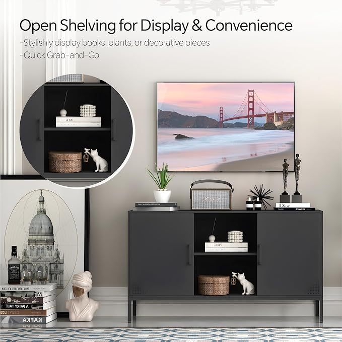 Steehoom Metal TV Cabinet with Doors and Shelves, Modern Metal Storage Cabinet, Coffee Bar TV Stand for Office, Living Room, Kitchen, Diningroom (Black, 47.24" D x 13.78" W x 29.53" H)