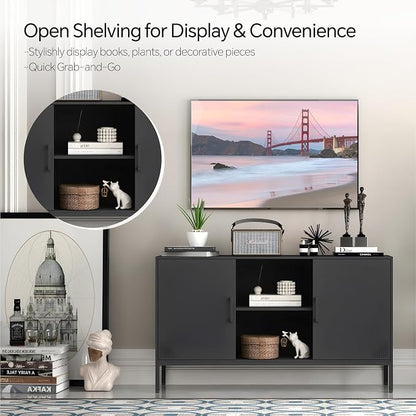 Steehoom Metal TV Cabinet with Doors and Shelves, Modern Metal Storage Cabinet, Coffee Bar TV Stand for Office, Living Room, Kitchen, Diningroom (Black, 47.24" D x 13.78" W x 29.53" H)