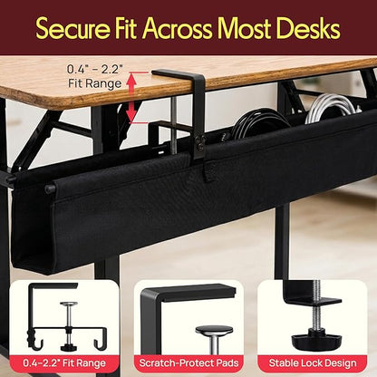 Pyle 36" Under Desk Cable Management Tray, Under Desk Wire Organizer with Clamp or Screw Mount, Desk Cable Organizer with Fabric Design for Large Workstations, Built-in Ties, 20 lb Capacity, Black