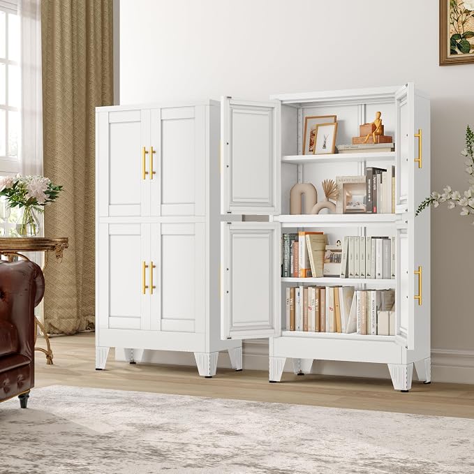 pozdeg Metal Storage Cabinet, 47.2" H Pantry Kitchen Storage Cabinets with 4 Doors and 2 Adjustable Shelves, Versatile Buffet Sideboards Cupboard for Home Office Garage or Gym (White)