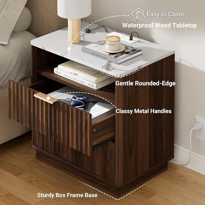 Fluted Nightstand, Night Stand Set 2, 23" Wide Walnut Nightstands Set of 2 with Charging Station & Faux Marble Top, 2 Drawer Large Wooden End Table, Bedside Table for Bedroom,Curved Corners