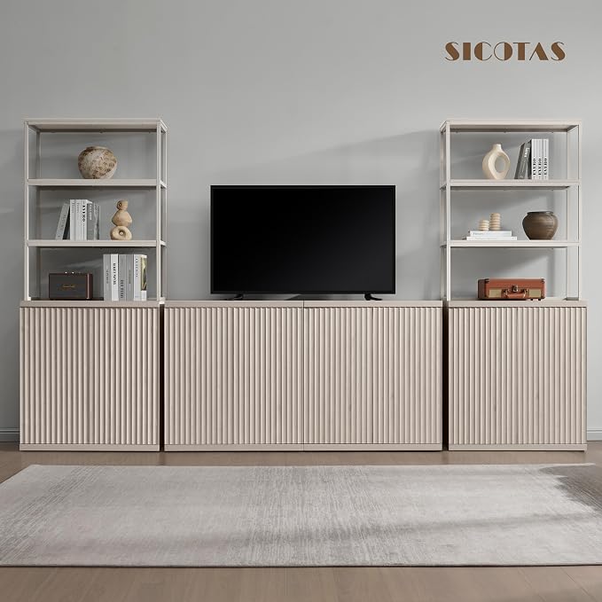 SICOTAS Book Shelf Fluted Bookshelf Cabinet - 75" Tall Bookcase 6 Tier Large Bookshelves with Doors Storage Modern Wide Book Shelves Case for Living Room Home Office Library, Metal Frame, White Alder
