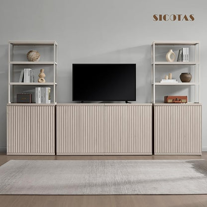 SICOTAS Book Shelf Fluted Bookshelf Cabinet - 75" Tall Bookcase 6 Tier Large Bookshelves with Door Storage Modern Double Wide Book Shelves Case for Living Room Office Library, Metal Frame, White Alder