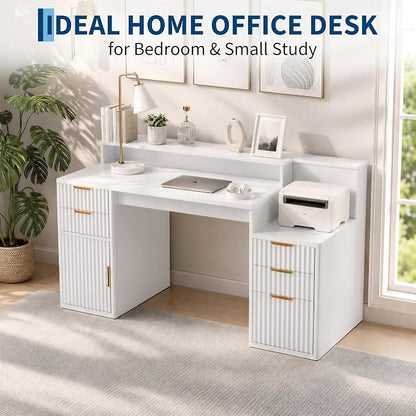 IDEALHOUSE Rectangular Computer Desk with Hutch & Printer Stand, Ripple Door Storage Home Office Desk, Space-Saving Study Writing Desk for Bedroom, Sturdy Board Student Desk with Easy Assembly