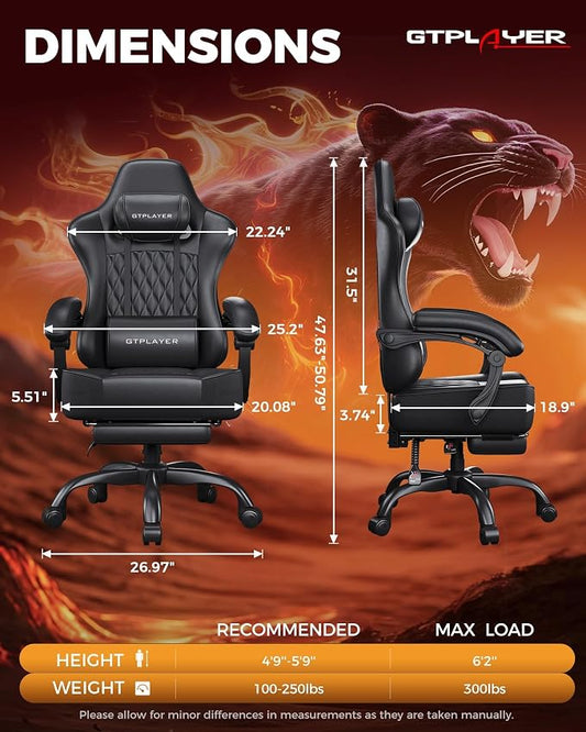 GTPLAYER Big and Tall Gaming Chair with Footrest, Ergonomic Office Desk Chair with 4.4in Thick Cushion and Wide Wingless Seat, Comfortable Leather Computer Chair, Predator Series, Black with Trim