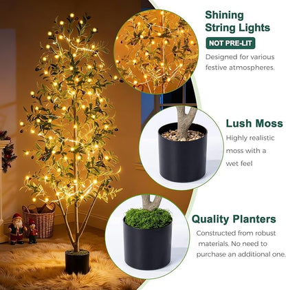 Olive Trees Artificial Indoor, 5FT Tall Faux Olive Tree with Moss and Planter, Artificial Plants Indoor with Natural Wood Trunk and Lifelike Fruits, Fake Tree for Home Office Living Room Decor