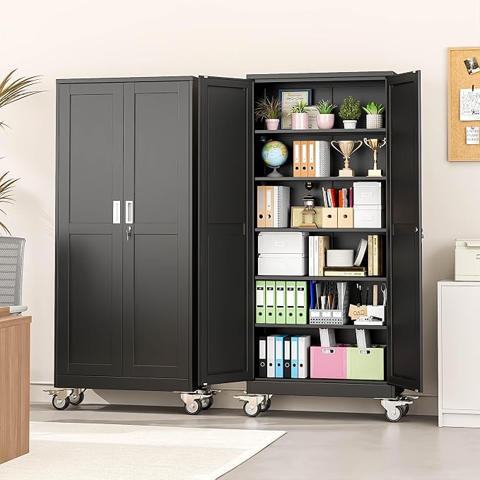 winiowa 75" Tall Metal Garage Storage Cabinet with Wheels, Steel Locking Rolling Tool Cabinet with 5 Adjustable Shelves for Garage,Home,Office (Black)