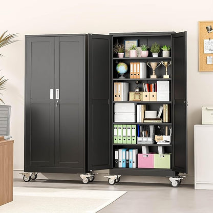 winiowa 75" Tall Metal Garage Storage Cabinet with Wheels, Steel Locking Rolling Tool Cabinet with 5 Adjustable Shelves for Garage,Home,Office (Black)