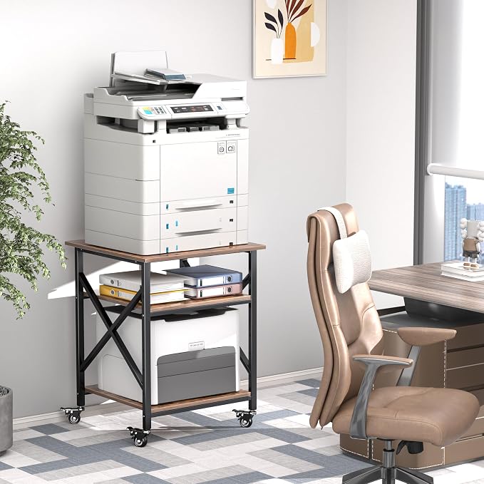 Printer Stand, 23.6 x 23.6 Inches Large Printer Stand with Adjustable Storage Shelf, 3 Tier Printer Table for Home Office, Rolling Printer Cart with Industrial Wheels, Mini Fridge Stand Table, Vintage