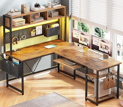 SEDETA L Shaped Gaming Desk with Hutch, 57.5” Reversible Corner Computer Desk with Storage Shelves, Gaming Desk with Pegboard, LED Lights, Power Outlet, Keyboard Tray (Rustic Brown)