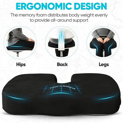 FORTEM Seat Cushion, Office Chair Cushion, Memory Foam Car Seat Cushions, Sciatica Coccyx Tailbone Pain Relief, Chair Cushions for Back Support, Sitting Pad for Gaming, Washable Cover, Non Slip