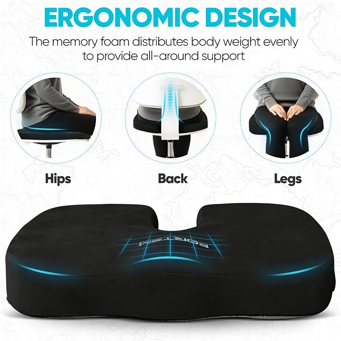FORTEM Seat Cushion, Office Chair Cushion, Memory Foam Car Seat Cushions, Sciatica Coccyx Tailbone Pain Relief, Chair Cushions for Back Support, Sitting Pad for Gaming, Washable Cover, Non Slip, XL