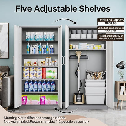 Metal Storage Cabinet with Lock,71" Garage Cabinets with 2 Doors and 4 Adjustable Shelves, Steel Locking Caninets Tall Tool Storage Cabnet, Lockable File Caninet for Home Office, Pantry