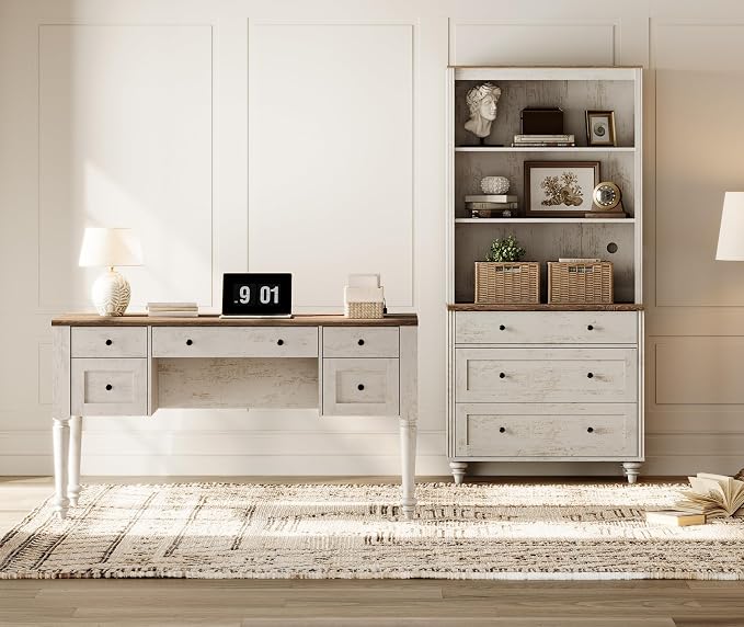 WAMPAT Home Office Furniture Set, 56" Executive Desk with Charging Station, 72" Tall Bookcase with 3 Drawers, Wood Computer Desk with File Cabinet, Open Shelf, Rustic White
