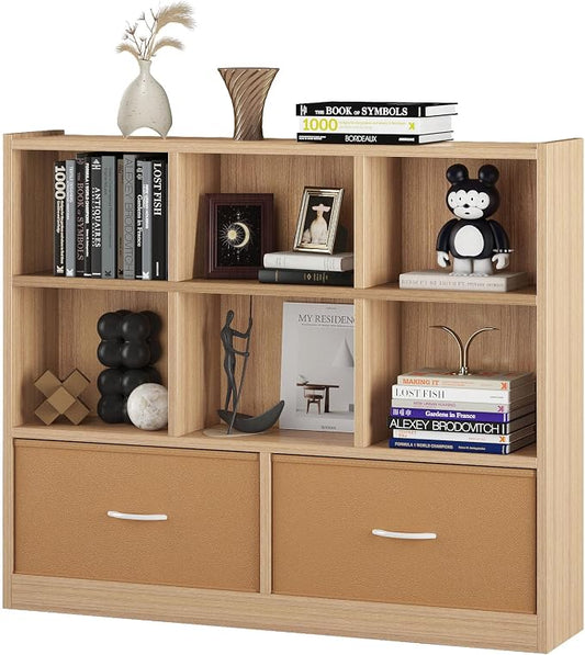 Adompacat Cube Bookshelf Storage Organizer Bookcase,8 Cube Open Mid-Centur Shelf,Freestanding Display Bookshelve, Modern Wide Toy Shelf with Drawers for Bedroom Living Room Office (Natural)