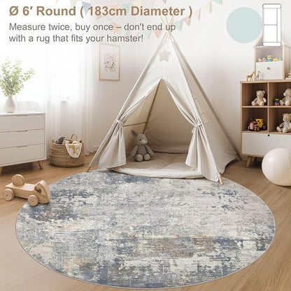 UERMEI 6ft Round Area Rug Living Room Rugs - 6x6 Washable Neutral Modern Abstract Soft Thin Rug Indoor Floor No Slip Rug Carpet for Bedroom Under Dining Table Home Office Decor - Blue Grey