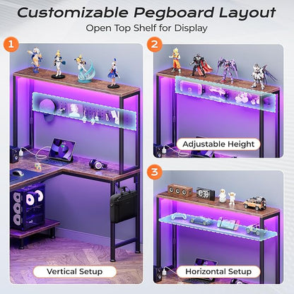 PRAISUN L Shaped Gaming Desk with LED Lights & Power Outlets, Reversible Computer Desk with Storage Shelves & Bag, Large Corner Home Office Desk with Pegboard for Work from Home, Rustic Brown