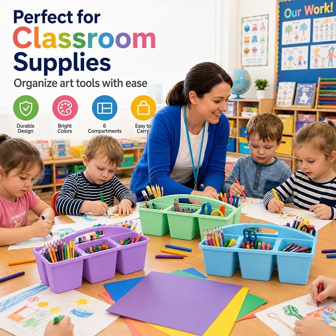 6 Pack Assorted Colors 6 Compartment Classroom Caddy with Handle Portable Plastic Storage Classroom Caddies Organizer for Classrooms Supply Teacher Office Table Desk(Rainbow)