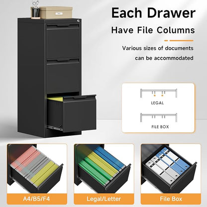 Bestoo 3 Drawer File Cabinet with Lock, Filing Cabinets, Metal Vertical Filing Cabinets for Home Office, File Storage Cabinet for Letter/Legal/A4/F4 Size File, Easy Assembly