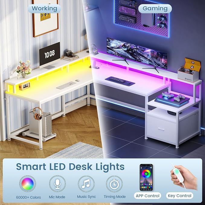 SEDETA 66" L Shaped Desk with Power Outlet, Reversible Home Office Computer Desk with File Drawer & Monitor Shelf, Storage Shelves, LED Lights for Corner Small Spaces, White