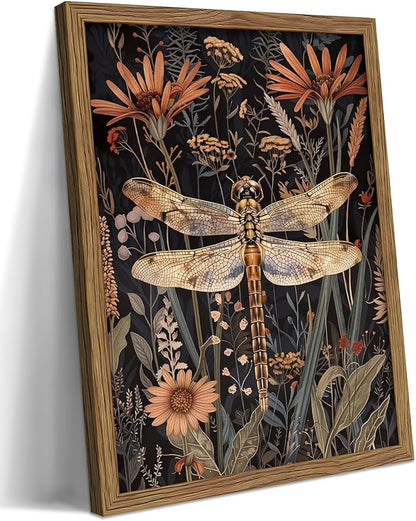 Vintage Framed Dragonfly Wall Art, Dark Academia Insect Art Print, Modern Farmhouse Wall Decor, Botanical Floral Canvas, Rural Dragonfly Painting Artwork for Bedroom Living Room 12x16 inch