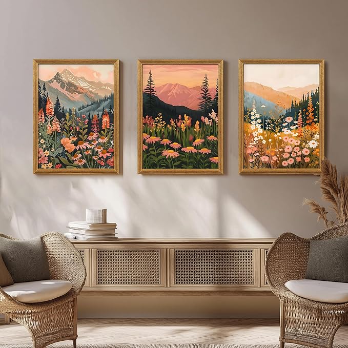 ICHZUMW Framed Boho Abstract Landscape Mountain and Floral Canvas Wall Art Set of 3, Colorful Nature Botanical Paintings Artwork, Large Wildflower Wall Decor for Living Room Bedroom Office, 12x16in