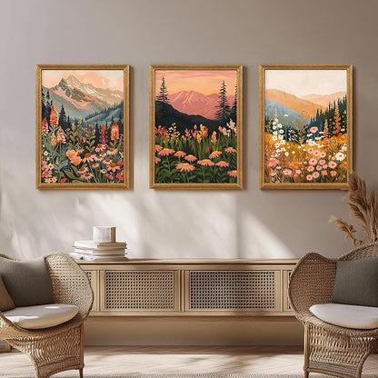 ICHZUMW Framed Boho Abstract Landscape Mountain and Floral Canvas Wall Art Set of 3, Colorful Nature Botanical Paintings Artwork, Large Wildflower Wall Decor for Living Room Bedroom Office, 12x16in