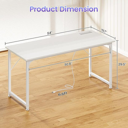 PRAISUN 55 X 20 Inch Office Computer Desk with Power Outlets and USB-C Port, Larger and Longer Gaming Desk, for Home Office, Study, Bedroom, Writing Work from Home Table, Metal Frame, White