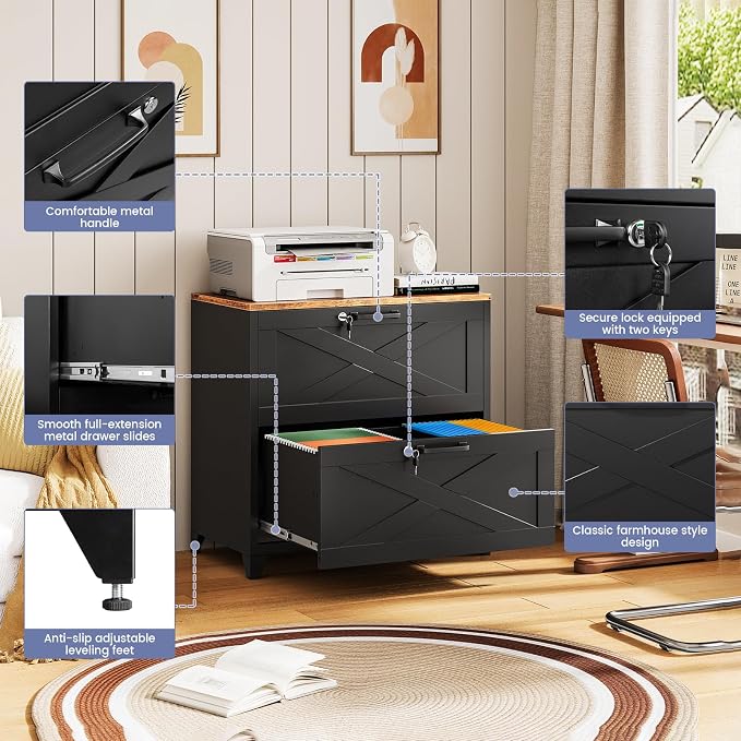 2-Drawer Farmhouse File Cabinet with Lock, Lateral Filing Cabinet for Letter/Legal/A4 Size, Wood File Storage Cabinets Printer Stand with Large Storage for Home Office School, Black