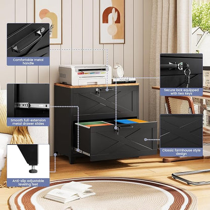 2-Drawer Farmhouse File Cabinet with Lock, Lateral Filing Cabinet for Letter/Legal/A4 Size, Wood File Storage Cabinets Printer Stand with Large Storage for Home Office School, Black