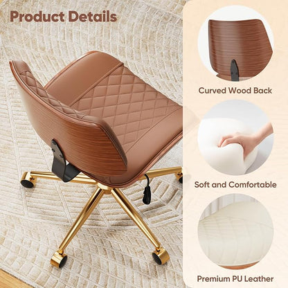 Home Office Desk Chair with Swivel Wheels, Mid-Century Modern PU Leather Armless Office Chair, Small Mid Back Computer Chair for Home Office, Meeting Room