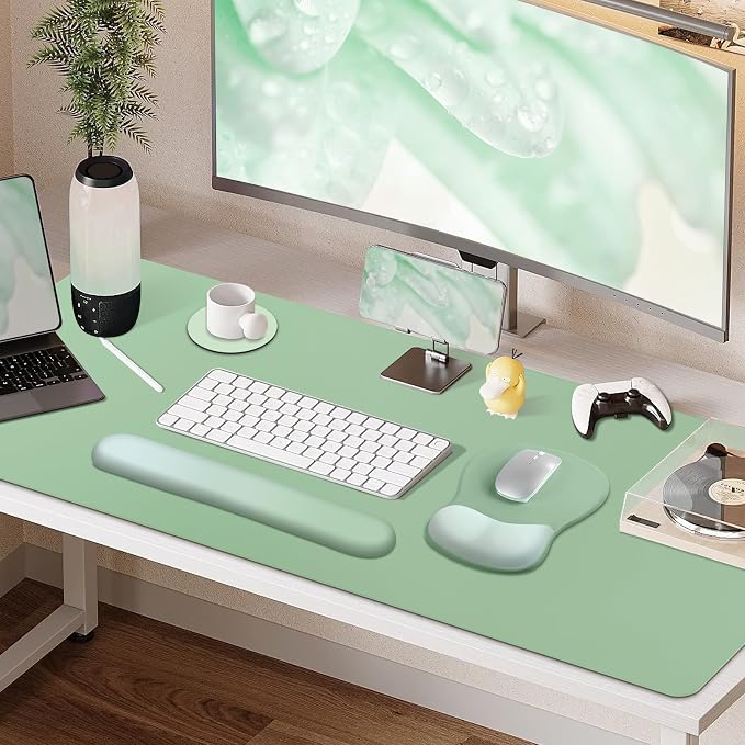4-in-1 Large Gaming Mouse Pad, Keyboard Wrist Rest Pad & Wrist Support Mousepad Set, Extended Desk Pad Waterproof Desk Mat Protector for Home Office Decor Study Game 35.4×15.7 Inches I Sage Green
